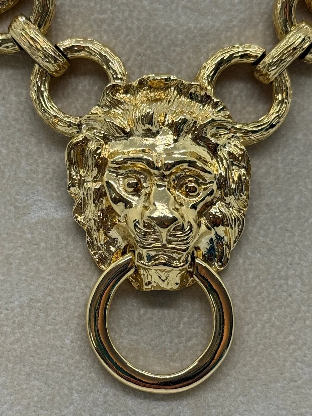 Kenneth Jay Lane 3 Lion Head Link Necklace-Adjustable Clasp Vintage 1980s